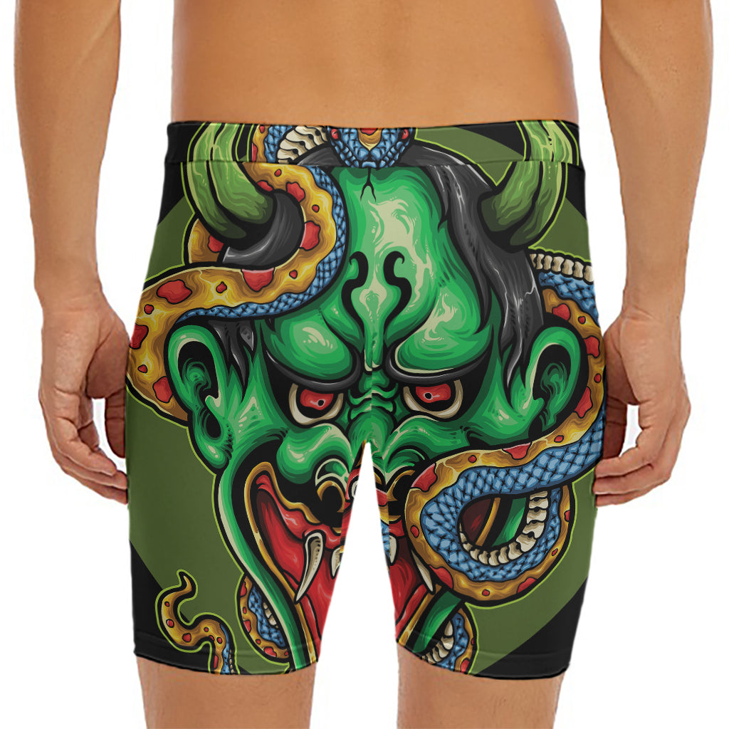 Japanese Oni Demon With Snake Print Men's Long Boxer Briefs