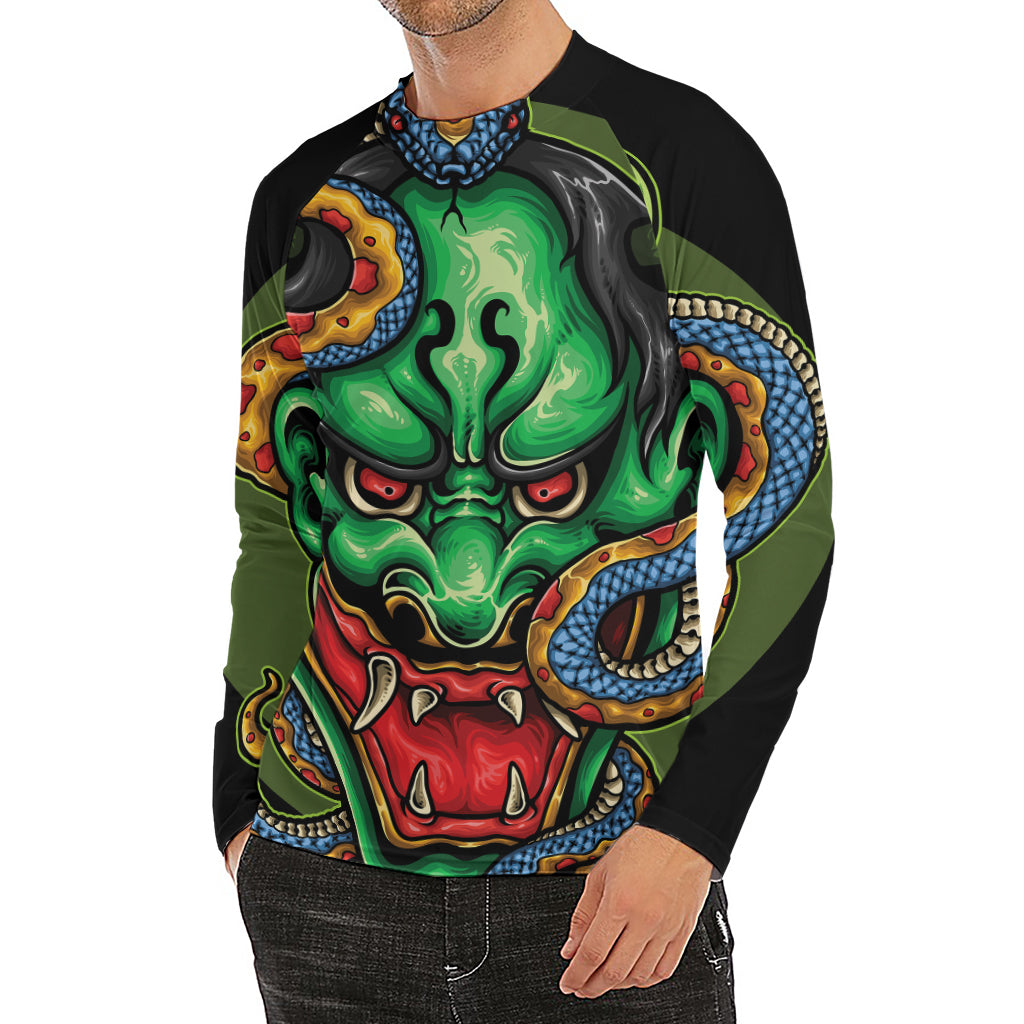 Japanese Oni Demon With Snake Print Men's Long Sleeve Rash Guard