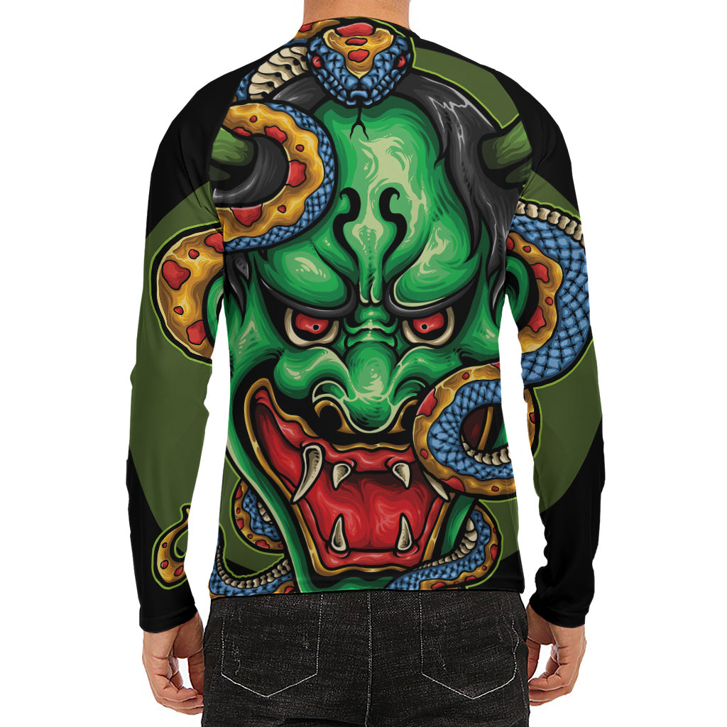 Japanese Oni Demon With Snake Print Men's Long Sleeve Rash Guard