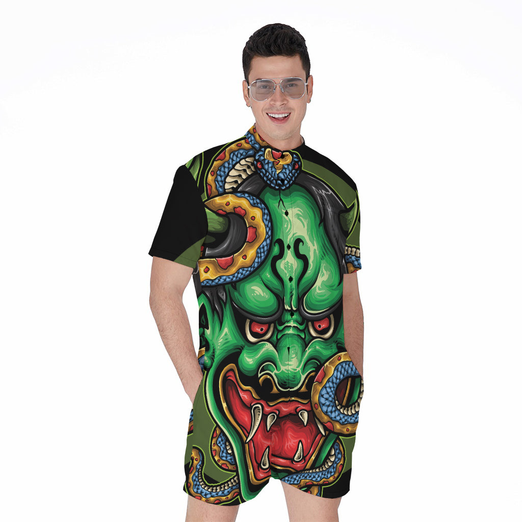 Japanese Oni Demon With Snake Print Men's Rompers