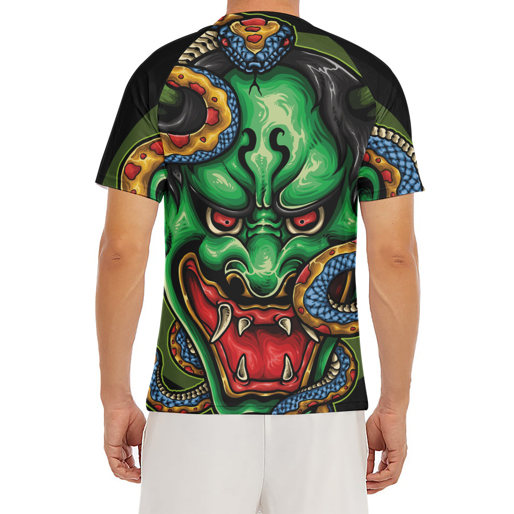 Japanese Oni Demon With Snake Print Men's Short Sleeve Rash Guard