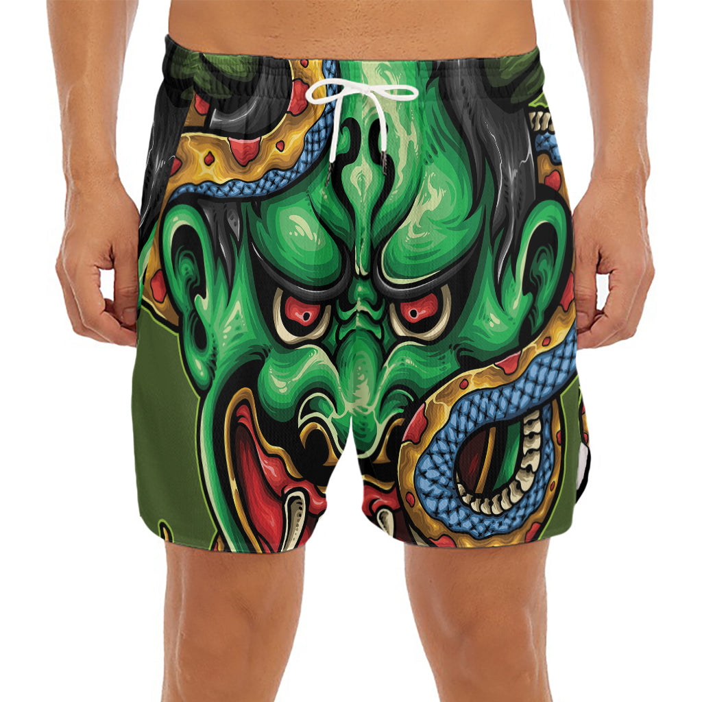 Japanese Oni Demon With Snake Print Men's Split Running Shorts
