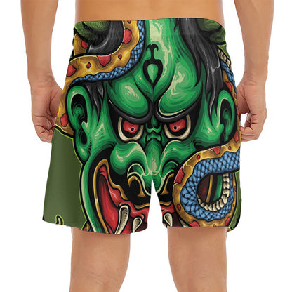 Japanese Oni Demon With Snake Print Men's Split Running Shorts