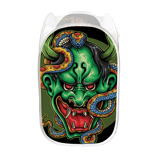 Japanese Oni Demon With Snake Print Mesh Laundry Hamper