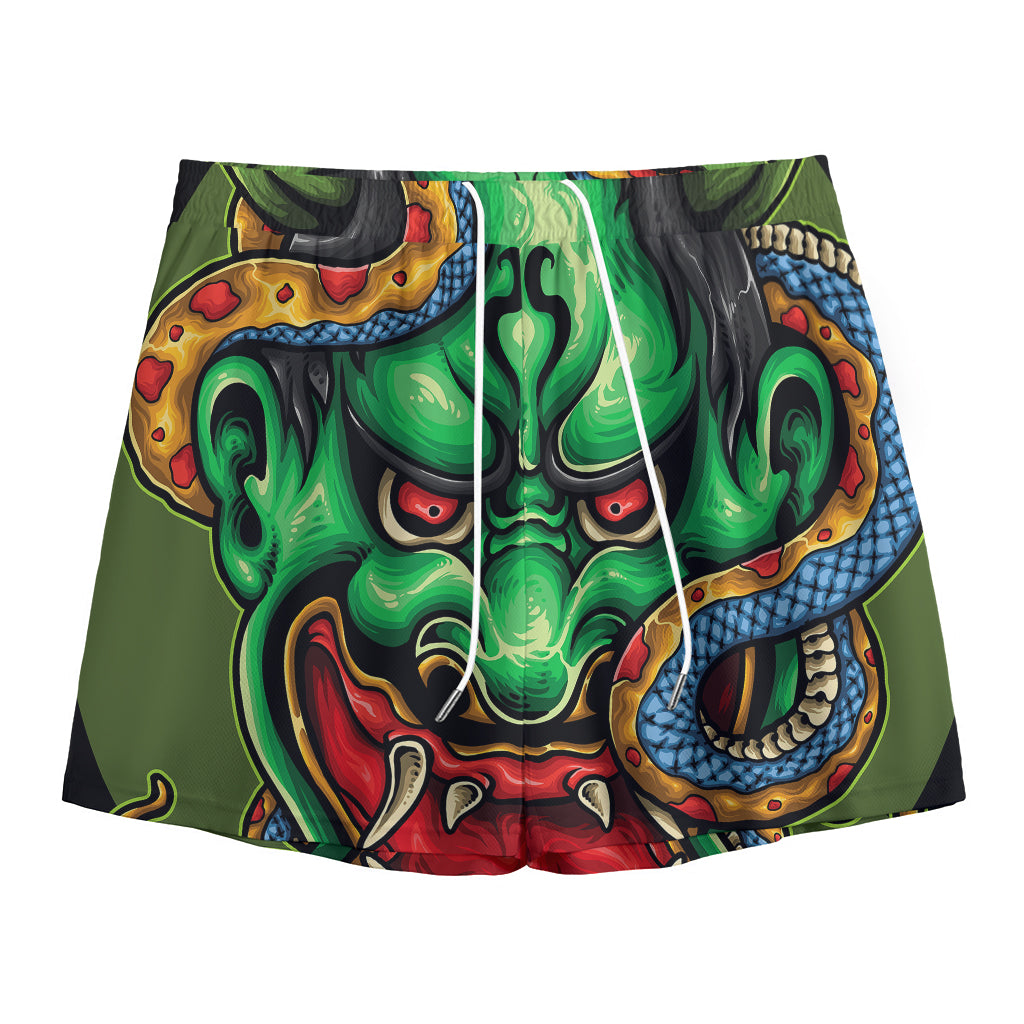Japanese Oni Demon With Snake Print Mesh Shorts