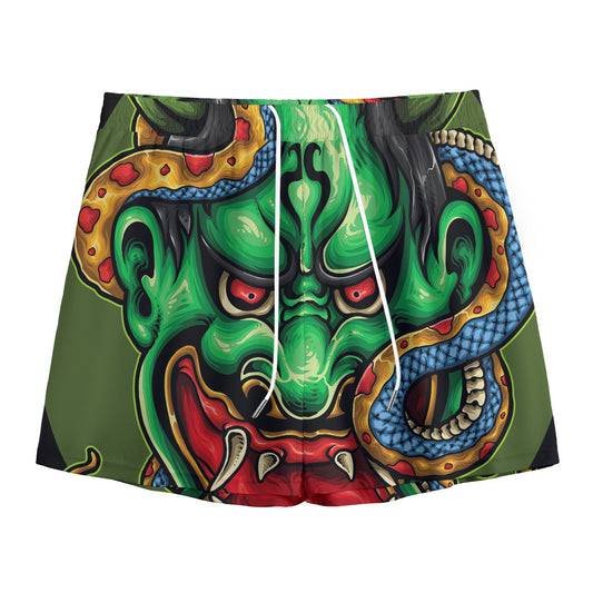 Japanese Oni Demon With Snake Print Mesh Shorts