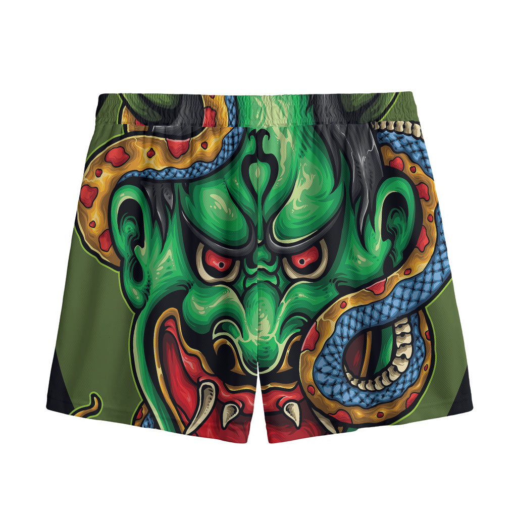 Japanese Oni Demon With Snake Print Mesh Shorts