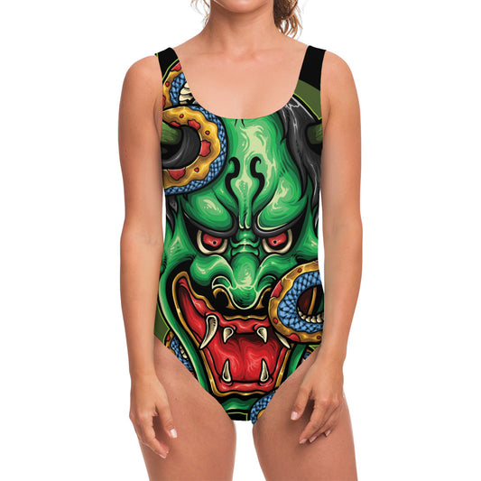 Japanese Oni Demon With Snake Print One Piece Swimsuit