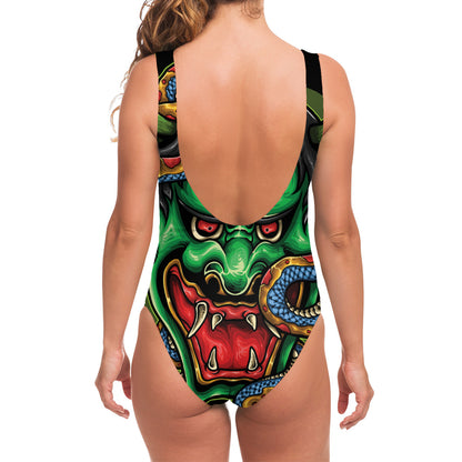 Japanese Oni Demon With Snake Print One Piece Swimsuit