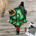 Japanese Oni Demon With Snake Print One Shoulder Bodysuit