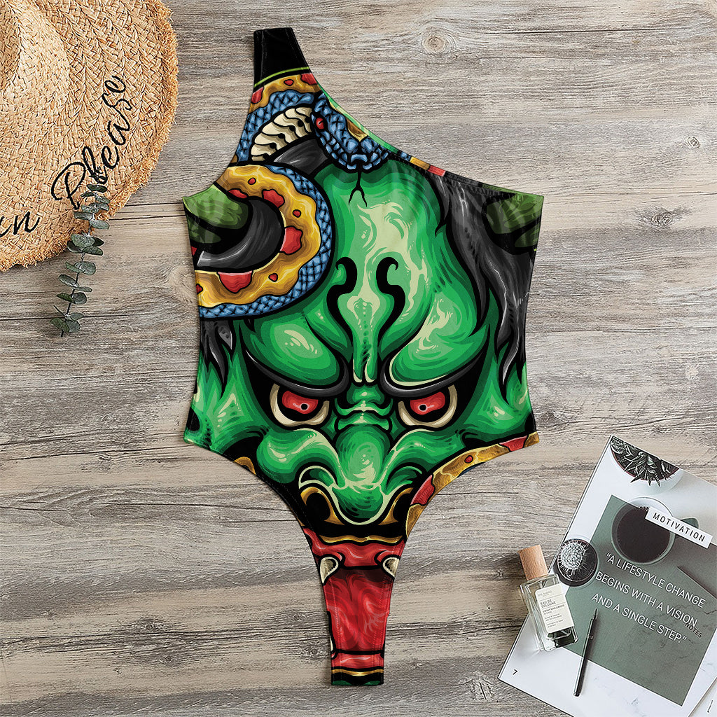 Japanese Oni Demon With Snake Print One Shoulder Bodysuit