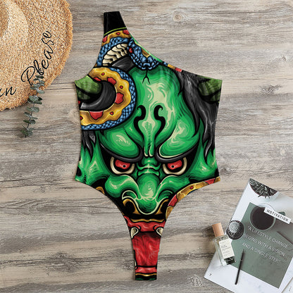 Japanese Oni Demon With Snake Print One Shoulder Bodysuit