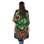 Japanese Oni Demon With Snake Print Open Front Beach Cover Up