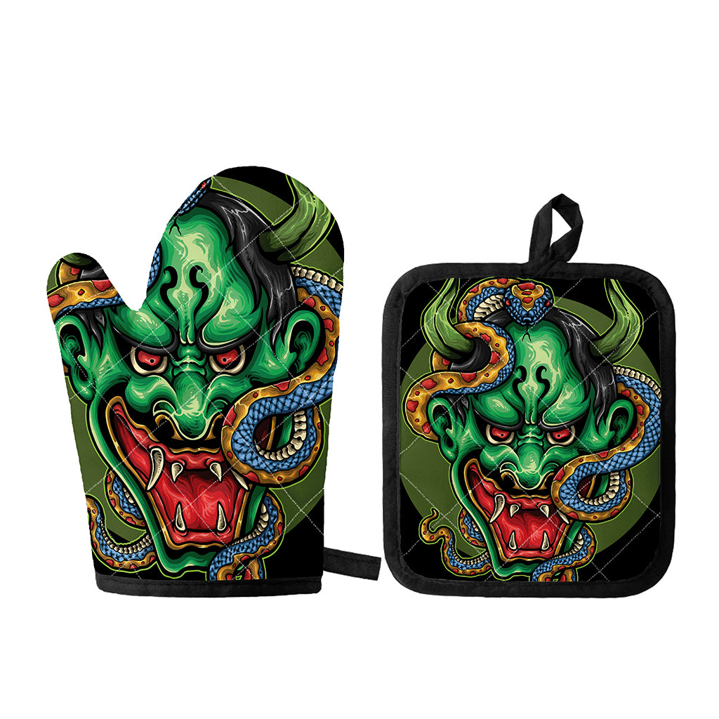 Japanese Oni Demon With Snake Print Oven Mitt And Pot Holder Set