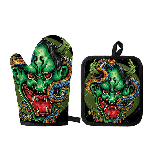 Japanese Oni Demon With Snake Print Oven Mitt And Pot Holder Set