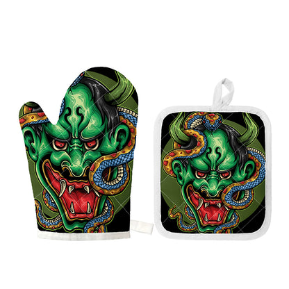 Japanese Oni Demon With Snake Print Oven Mitt And Pot Holder Set