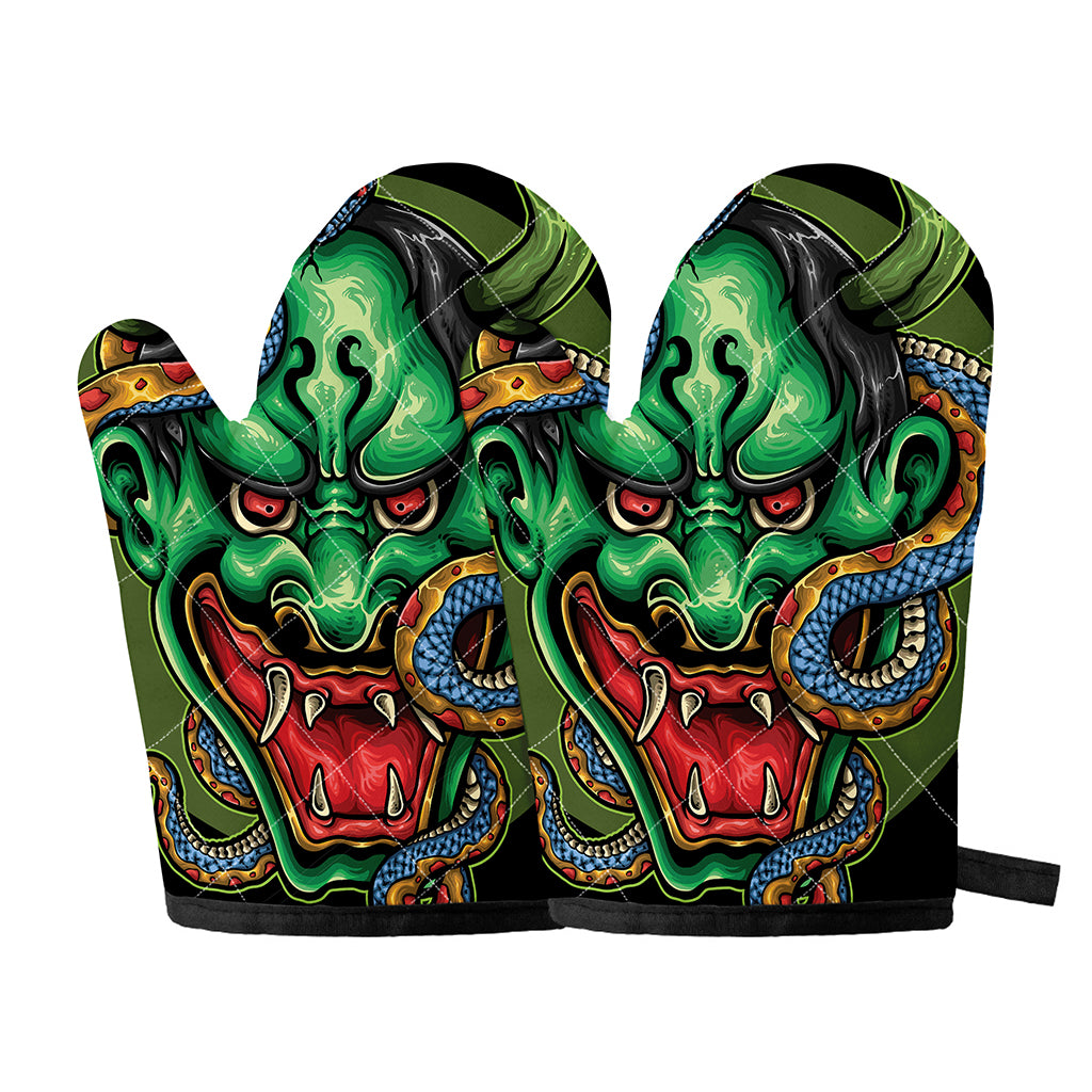 Japanese Oni Demon With Snake Print Oven Mitts