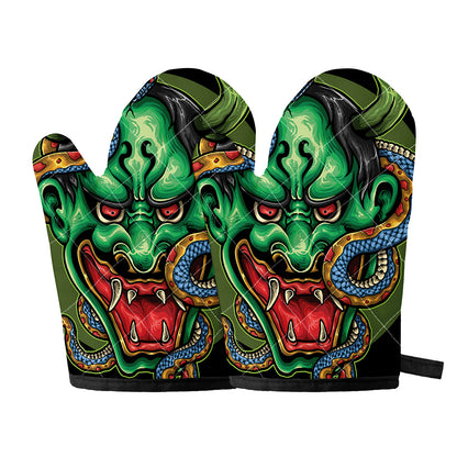 Japanese Oni Demon With Snake Print Oven Mitts