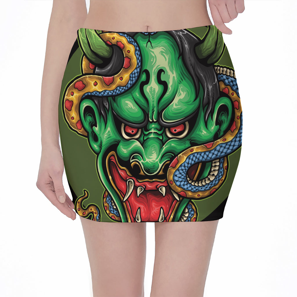 Japanese Oni Demon With Snake Print Pencil Mini Skirt