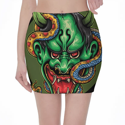 Japanese Oni Demon With Snake Print Pencil Mini Skirt