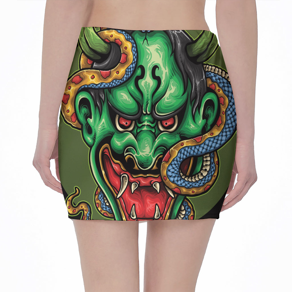 Japanese Oni Demon With Snake Print Pencil Mini Skirt