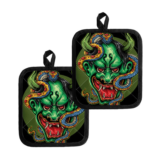 Japanese Oni Demon With Snake Print Pot Holders