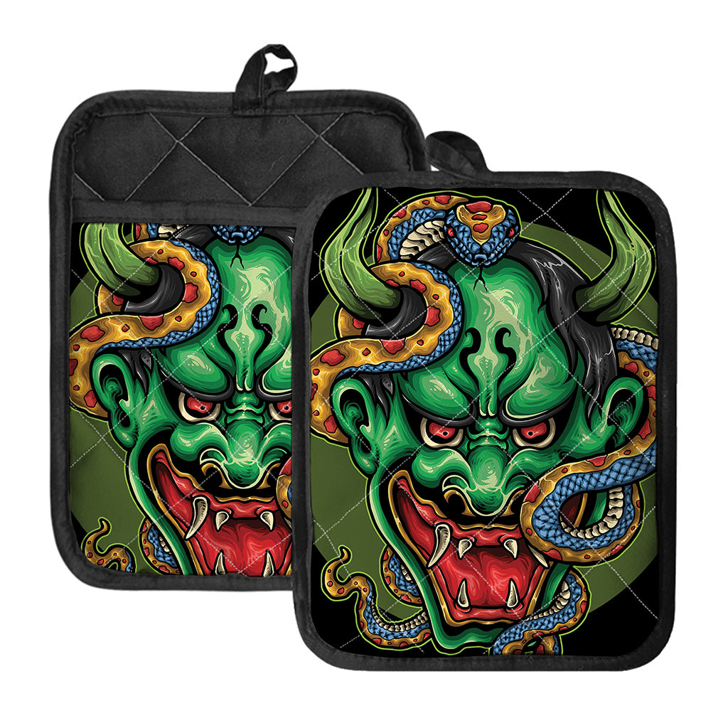 Japanese Oni Demon With Snake Print Pot Holders With Pocket