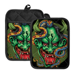 Japanese Oni Demon With Snake Print Pot Holders With Pocket
