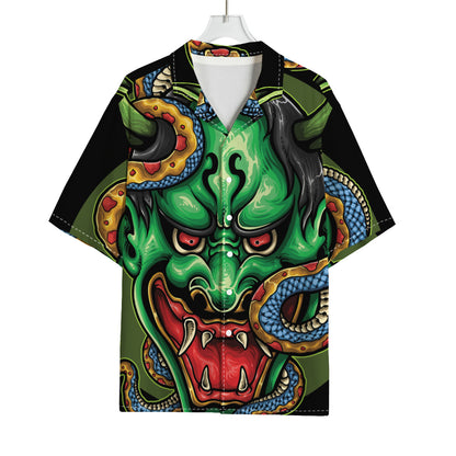 Japanese Oni Demon With Snake Print Rayon Hawaiian Shirt