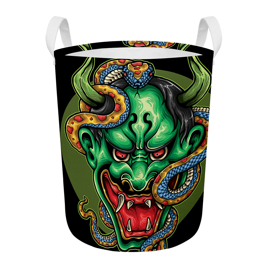 Japanese Oni Demon With Snake Print Round Laundry Basket