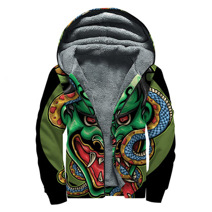 Japanese Oni Demon With Snake Print Sherpa Lined Zip Up Hoodie