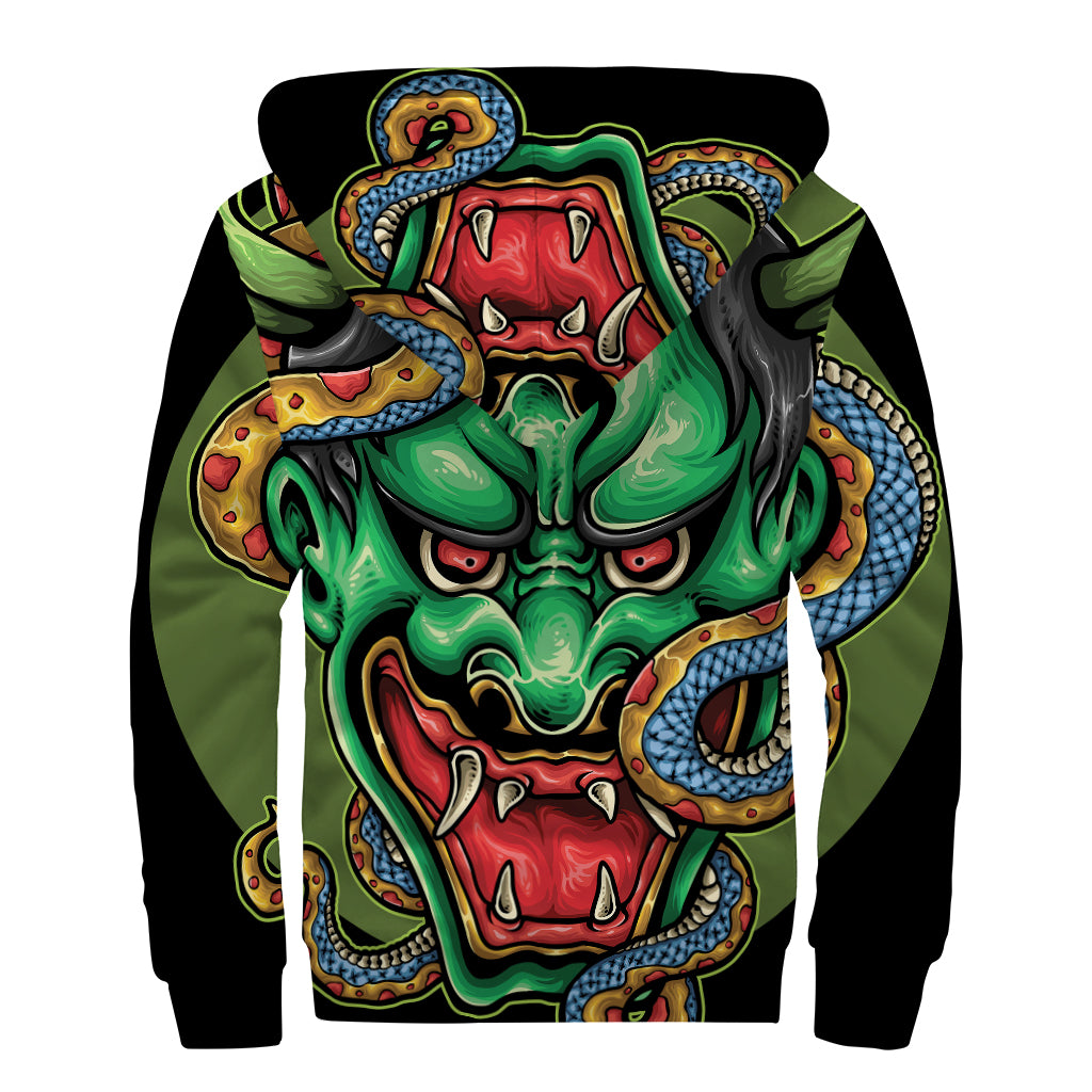 Japanese Oni Demon With Snake Print Sherpa Lined Zip Up Hoodie