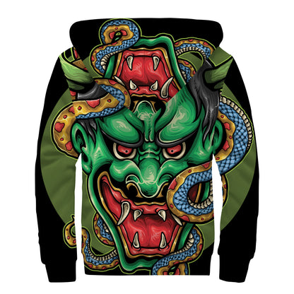 Japanese Oni Demon With Snake Print Sherpa Lined Zip Up Hoodie