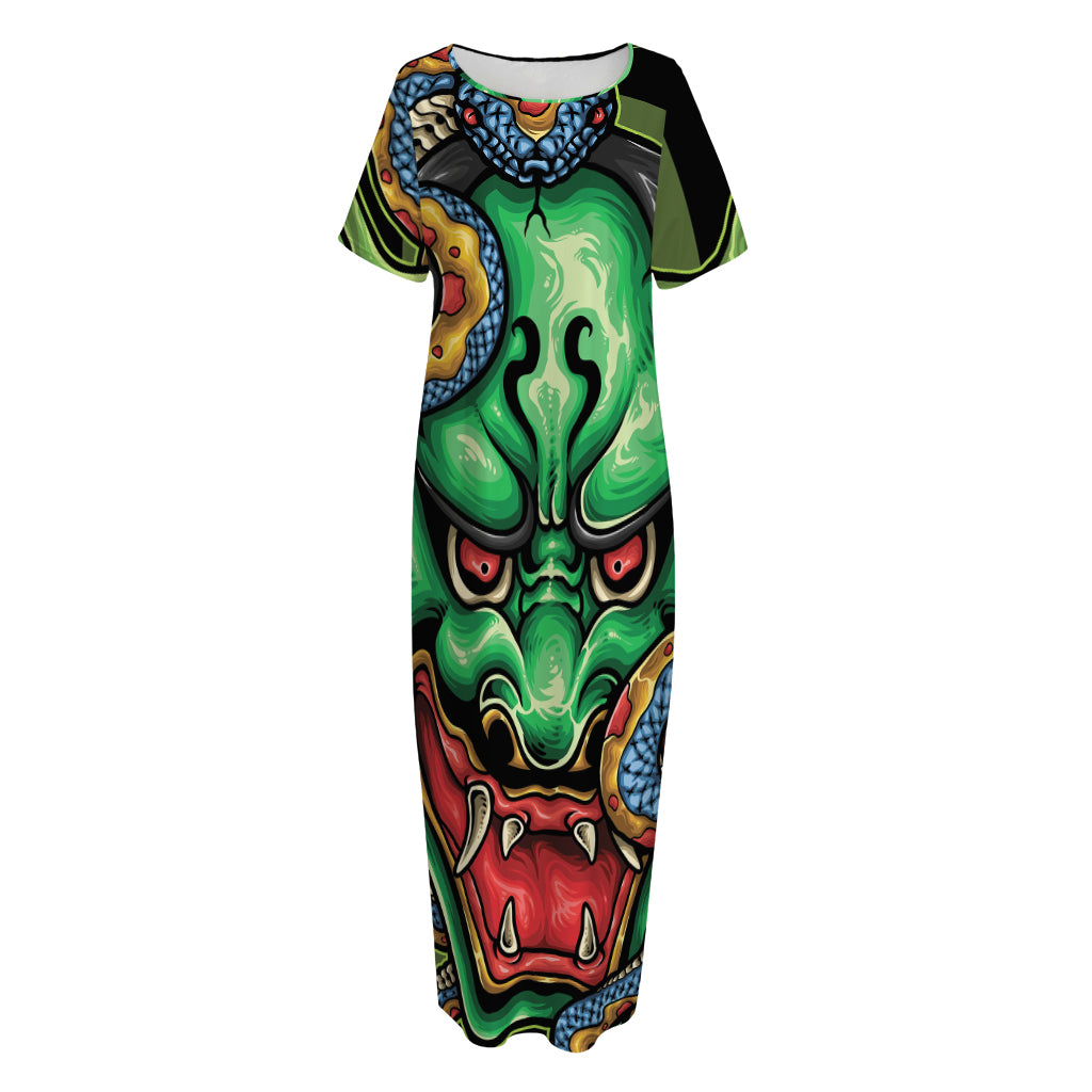 Japanese Oni Demon With Snake Print Short Sleeve Long Nightdress
