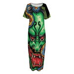 Japanese Oni Demon With Snake Print Short Sleeve Long Nightdress