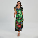 Japanese Oni Demon With Snake Print Short Sleeve Maxi Dress