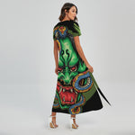 Japanese Oni Demon With Snake Print Short Sleeve Maxi Dress