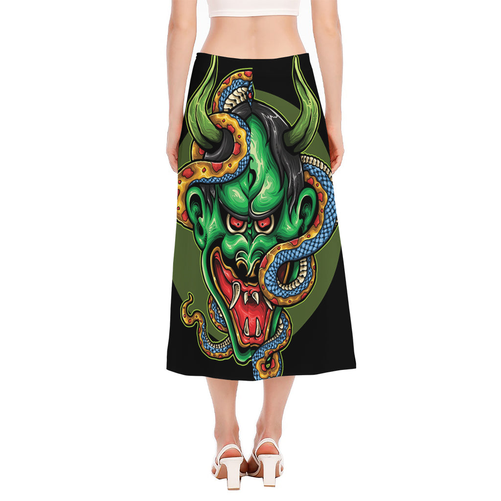 Japanese Oni Demon With Snake Print Side Slit Midi Skirt