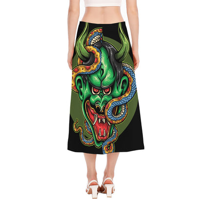 Japanese Oni Demon With Snake Print Side Slit Midi Skirt