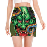 Japanese Oni Demon With Snake Print Side Slit Mini Skirt