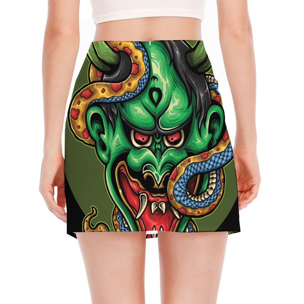 Japanese Oni Demon With Snake Print Side Slit Mini Skirt