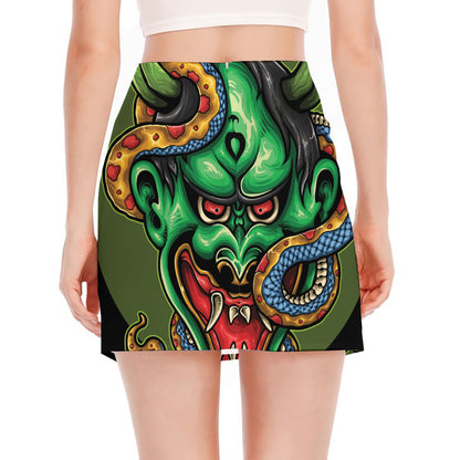 Japanese Oni Demon With Snake Print Side Slit Mini Skirt