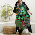 Japanese Oni Demon With Snake Print Silk V-Neck Kaftan Dress