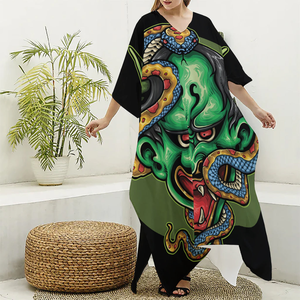 Japanese Oni Demon With Snake Print Silk V-Neck Kaftan Dress
