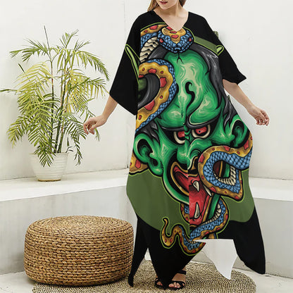Japanese Oni Demon With Snake Print Silk V-Neck Kaftan Dress
