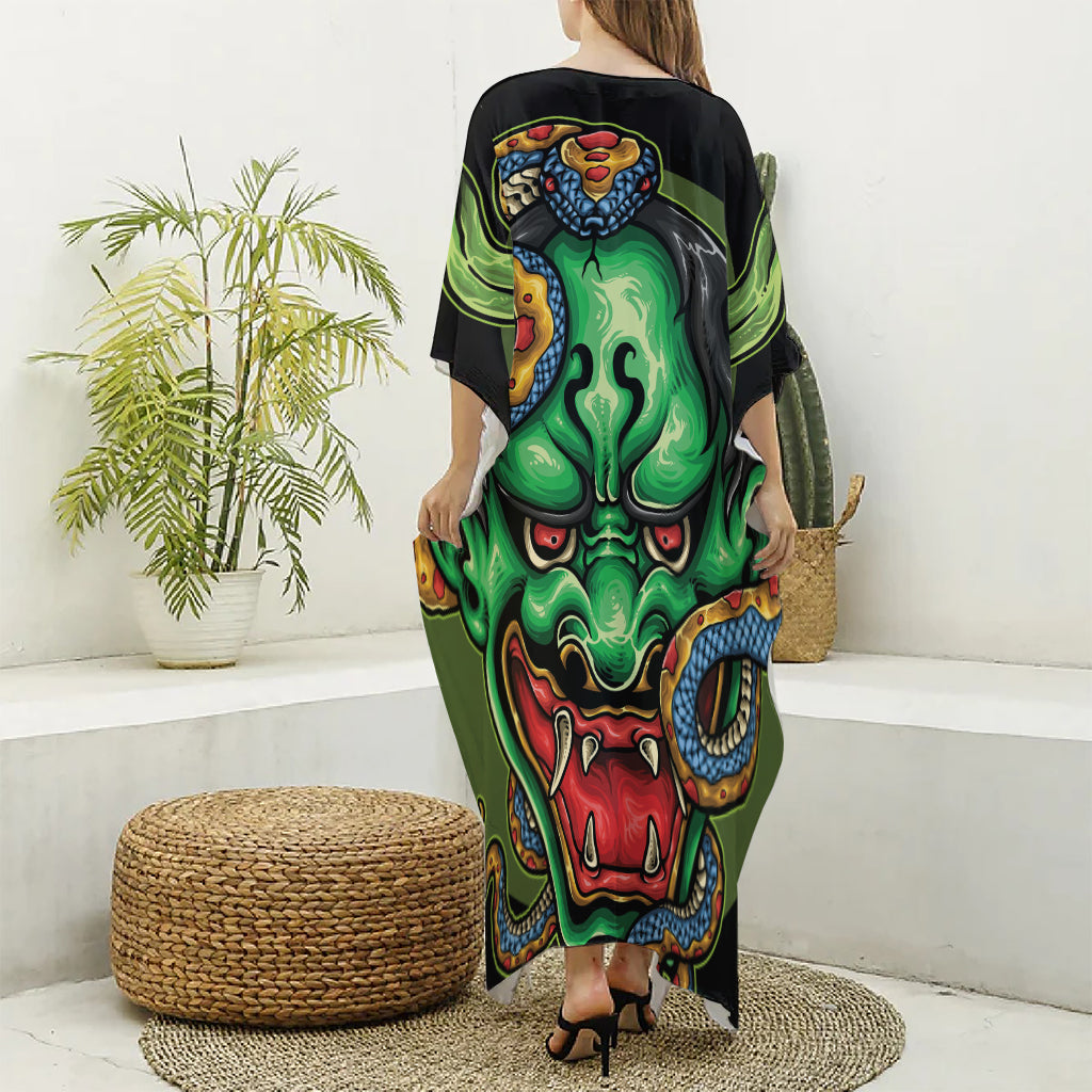 Japanese Oni Demon With Snake Print Silk V-Neck Kaftan Dress