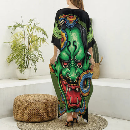 Japanese Oni Demon With Snake Print Silk V-Neck Kaftan Dress