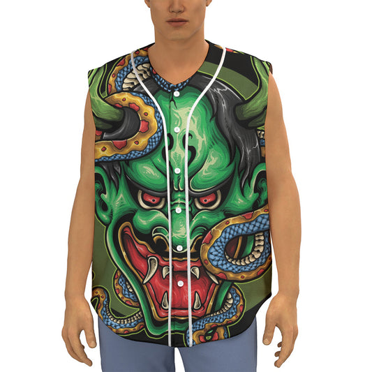 Japanese Oni Demon With Snake Print Sleeveless Baseball Jersey