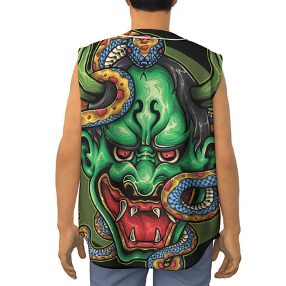 Japanese Oni Demon With Snake Print Sleeveless Baseball Jersey