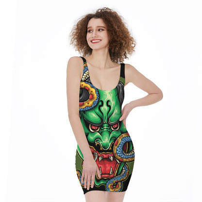 Japanese Oni Demon With Snake Print Sleeveless Bodycon Dress